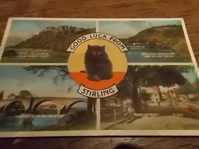 Multiview Viel Glück aus Stirling schottische Farbpostkarte Echtfoto schwarze Katze