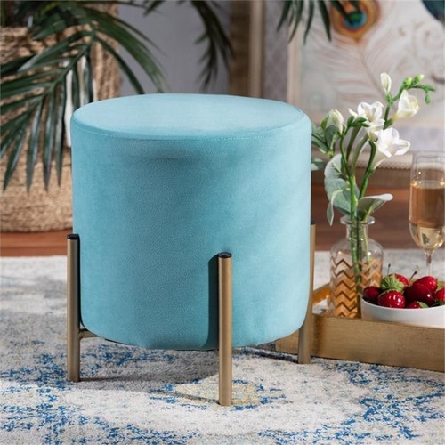 Baxton Studio Thurman Sky Blue Velvet and Gold Finished Metal Ottoman - Picture 6 of 9