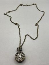 Vintage Filigree Floral Pocket Watch Necklace Brass Tone Quartz Rhinestones