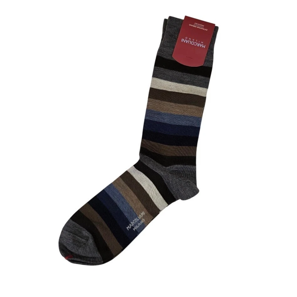 Marcoliani Milano Mens 8-11 Dress Socks Blue Brown Striped Extrafine Merino Wool