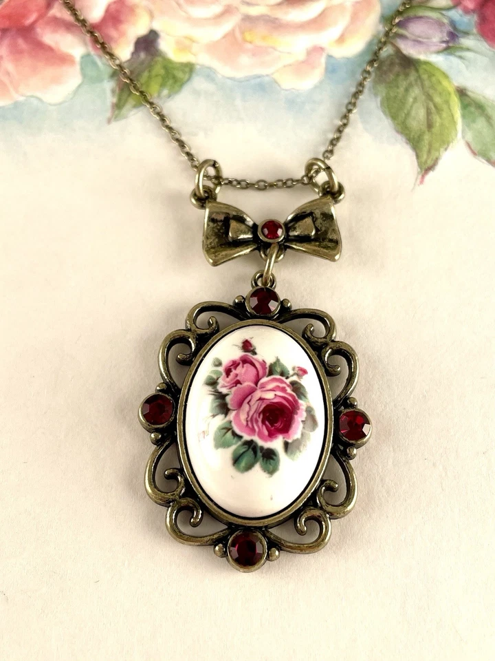 Collar Victoriano Art Deco Estilo Rojo Rosa Floral Bronce Joyería de Moda Foto 4 de 4