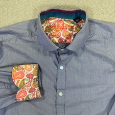 Robert Graham Shirt Mens XL Blue Striped Button Down Flip Cuff Paisley Silk Trim