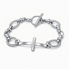 Stainless Steel Christian Cross Charm Bracelet  Twisted Rope Links  Toggle Clasp
