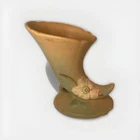 Vtg Clay Weller Pottery "Wild Rose" Cornucopia Vase Peach & Green Matte Glaze