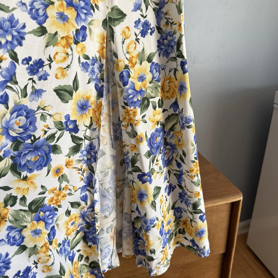 Винтажный 90-х Париж синий желтый цветочный макси юбка высокая талия разрезы Flowy Sz M - Изображение 3 из 4