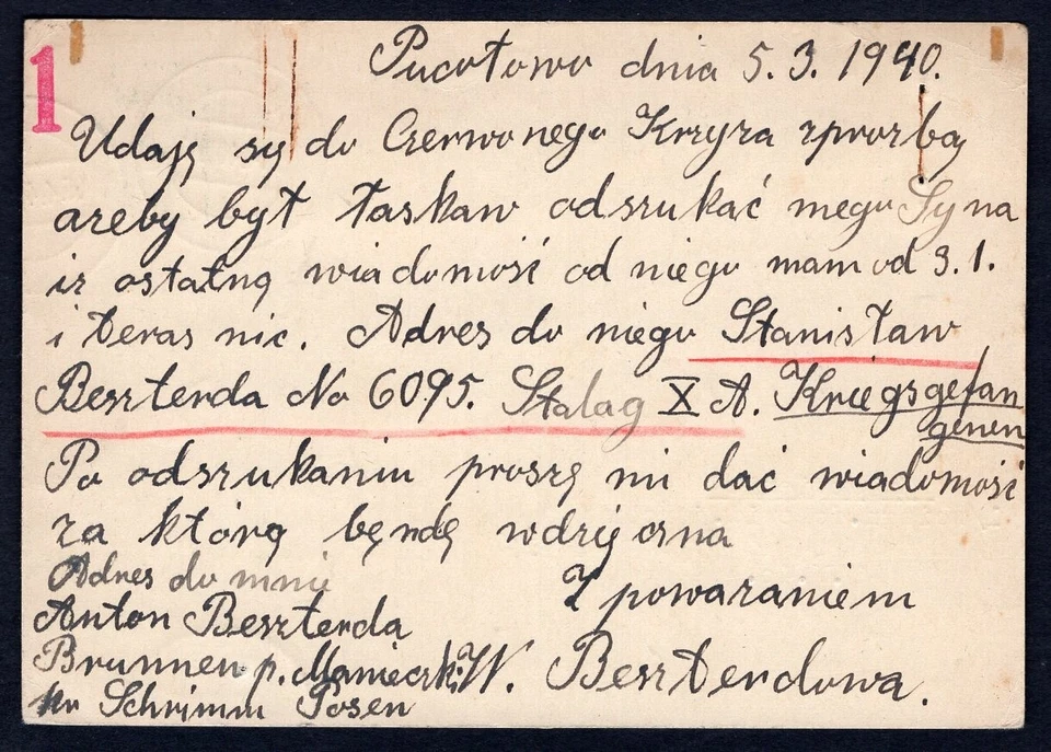 POLAND Schrimm 1940 Germany Postal Card to Red Cross, POW Camp Stalag XA - Image 2 of 2
