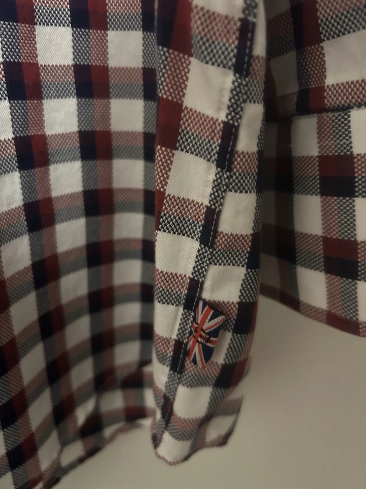 Camisa de vestir para hombre ENGLISH LAUNDRY blanca/azul/roja a cuadros con botones talla 16,5/33 Foto 4 de 4