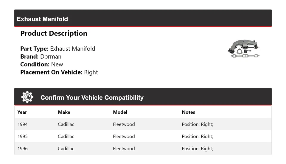 Colector de escape derecho 1995 para Cadillac Fleetwood Dorman 1994-1996 Foto 2 de 4