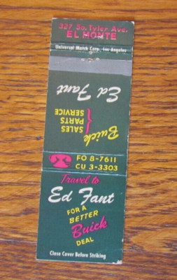 BUICK CAR DEALER MATCHBOOK COVER: ED FANT EL MONTE, CALIFORNIA MATCHCOVER -C3
