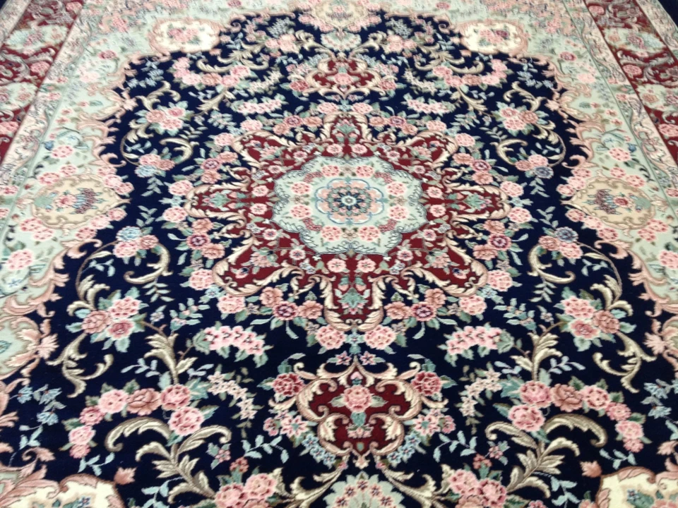 Alfombra oriental anudada a mano de lana y seda fina 8 x 10 Foto 4 de 4