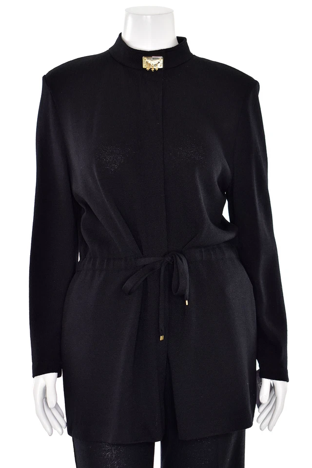 St. John Collection Black Jacket sz 14 Relaxed Fit w/ Drawstring Waist + Brooch - Image 2 of 4