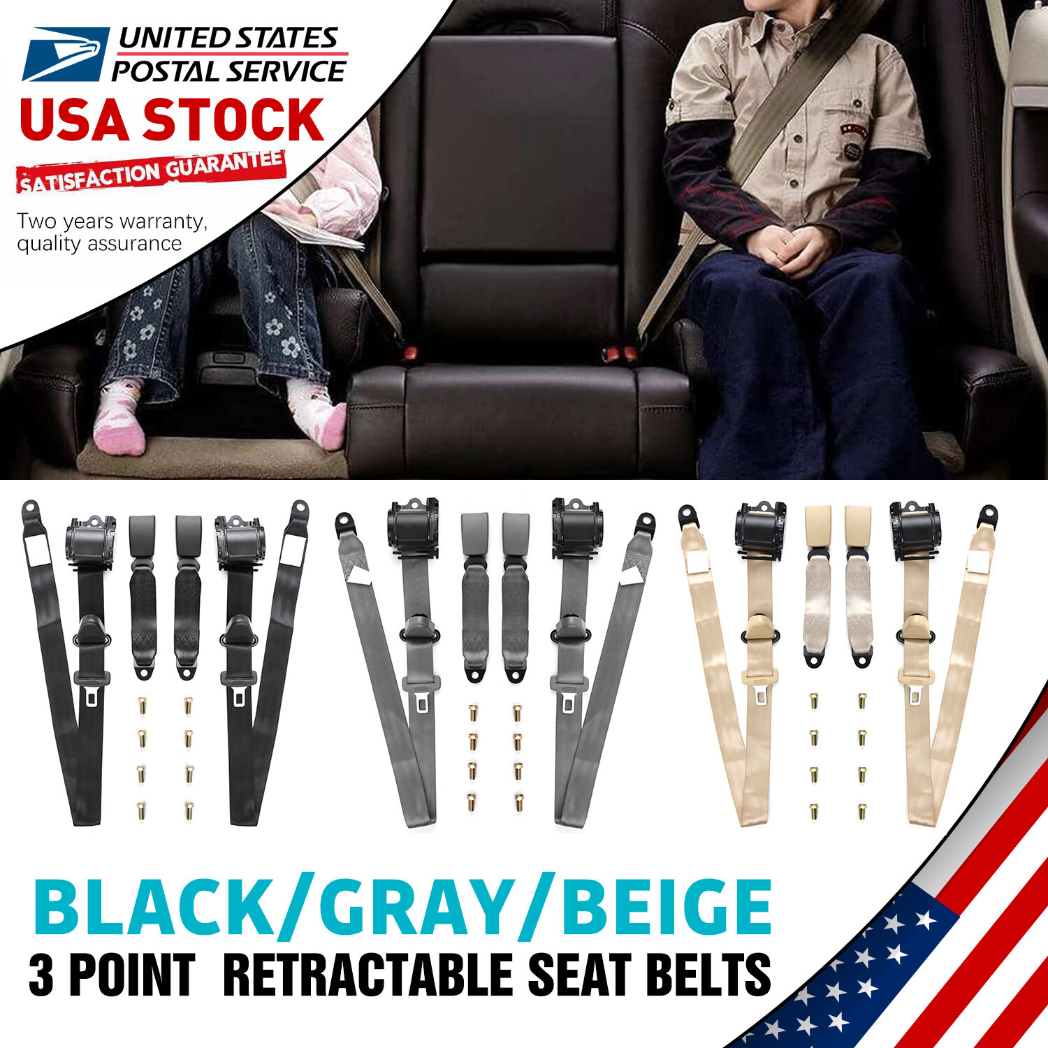 Retractable 3 Point Safety Seat Belt Straps Car Vehicle Adjustable Belt Set Kit