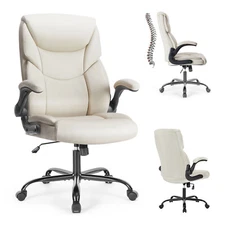 Leather Office Chair With Flip Armrests, Movable and Rotatable Ergonomic Chair