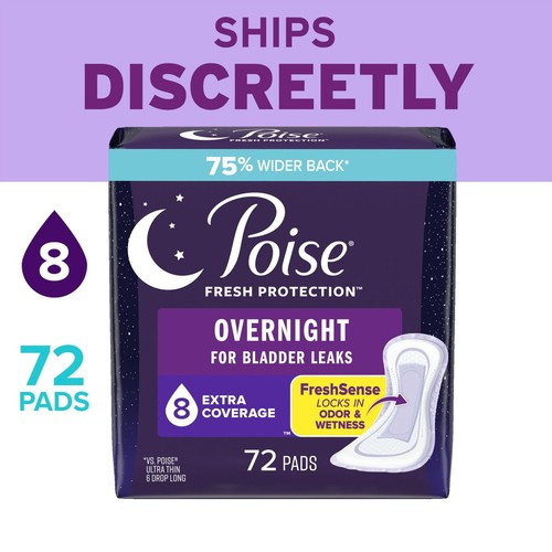 Poise Overnight Incontinence Pads for Women, 8 Drop Coverage, 72 Count