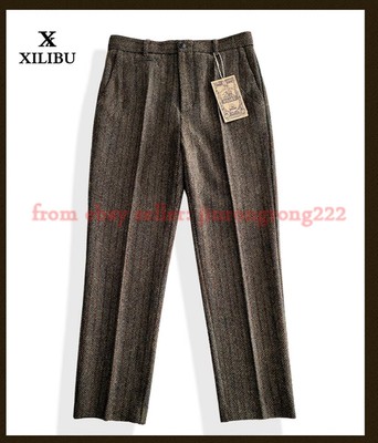 Tweed Striped Business Gentleman's Trousers Men's Wool Straight Trousers