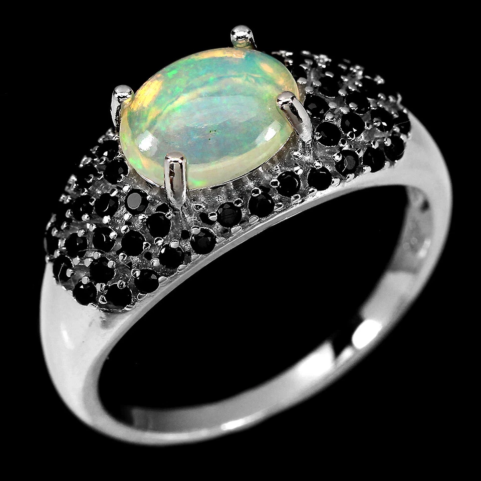 925 Argento Sterling Ovale Opale di Fuoco 9x7mm Nero Spinello Misura Anello 7 - Immagine 3 di 4
