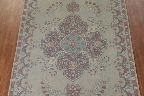 Vintage Sage Green Over-Dyed Tebriz Traditional Area Rug 8'x11' Handmade Carpet - Picture 3 of 12