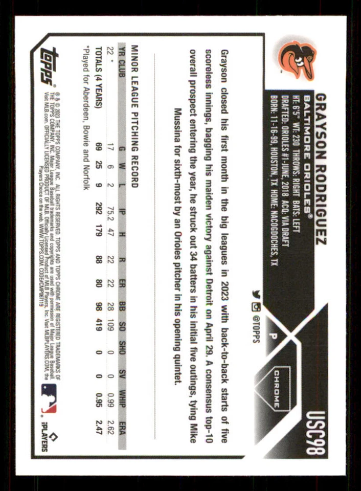 2023 Topps Chrome Update #USC98 Grayson Rodriguez RC - Image 2 of 2