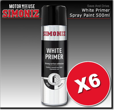 6 x Simoniz große weiße Grundierung Acryl Aerosol Auto Spray Farbe 500ml SIMP12D