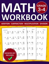 Math Workbook For Grade 3-4 Addition,Subtraction,Multiplication,Division Exercis