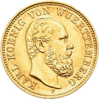 FITZ Kaiserreich Württemberg Karl 1864 1891 5 Mark 1877 F Gold °DMN196