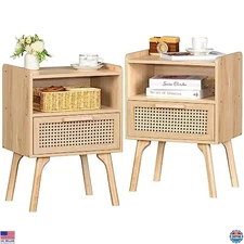 Lerliuo Rattan Nightstands Set of 2, Boho Side Table with Drawer Open Shelf,