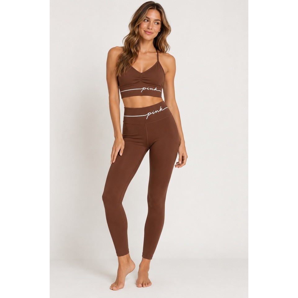 PINK Active Brown Sports Bra & Leggings Set Women's Medium Matching Workout