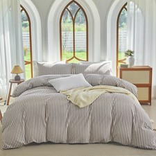 Striped Duvet Cover Set King Size 3 Pcs 100 Washed Cotton Linen Like Textured