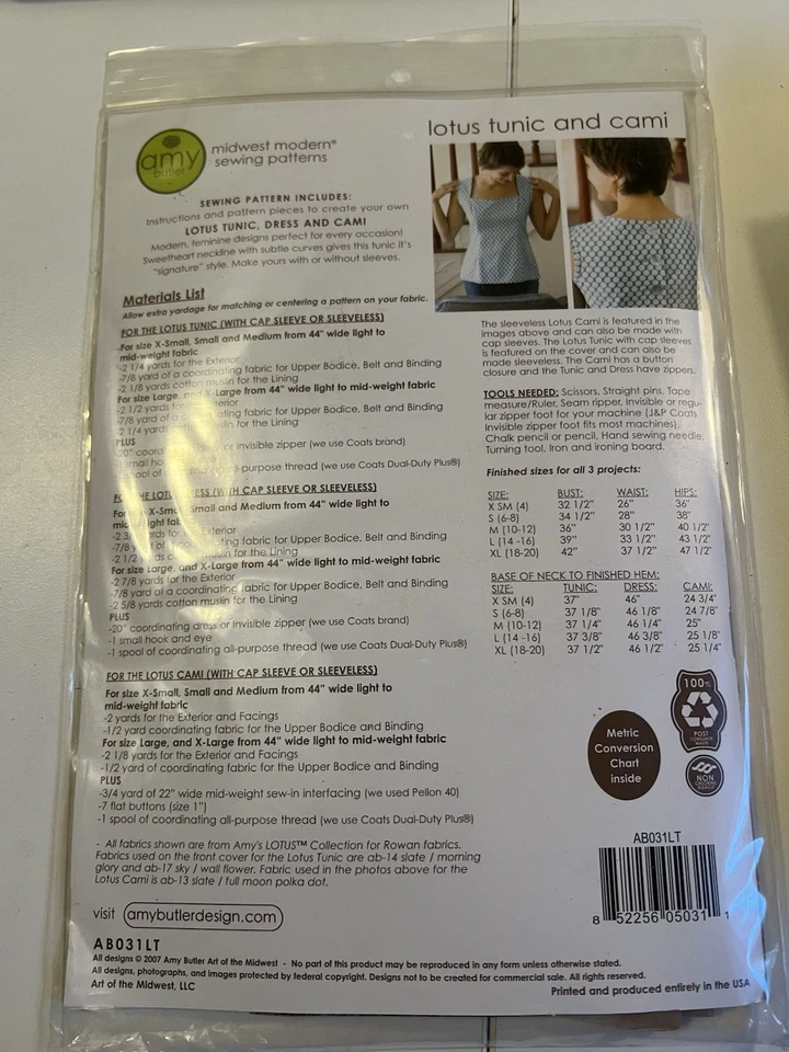 2007 Amy Butler Lotus Tunic & Cami UNCUT XS-XL Sewing Pattern - Image 3 of 3