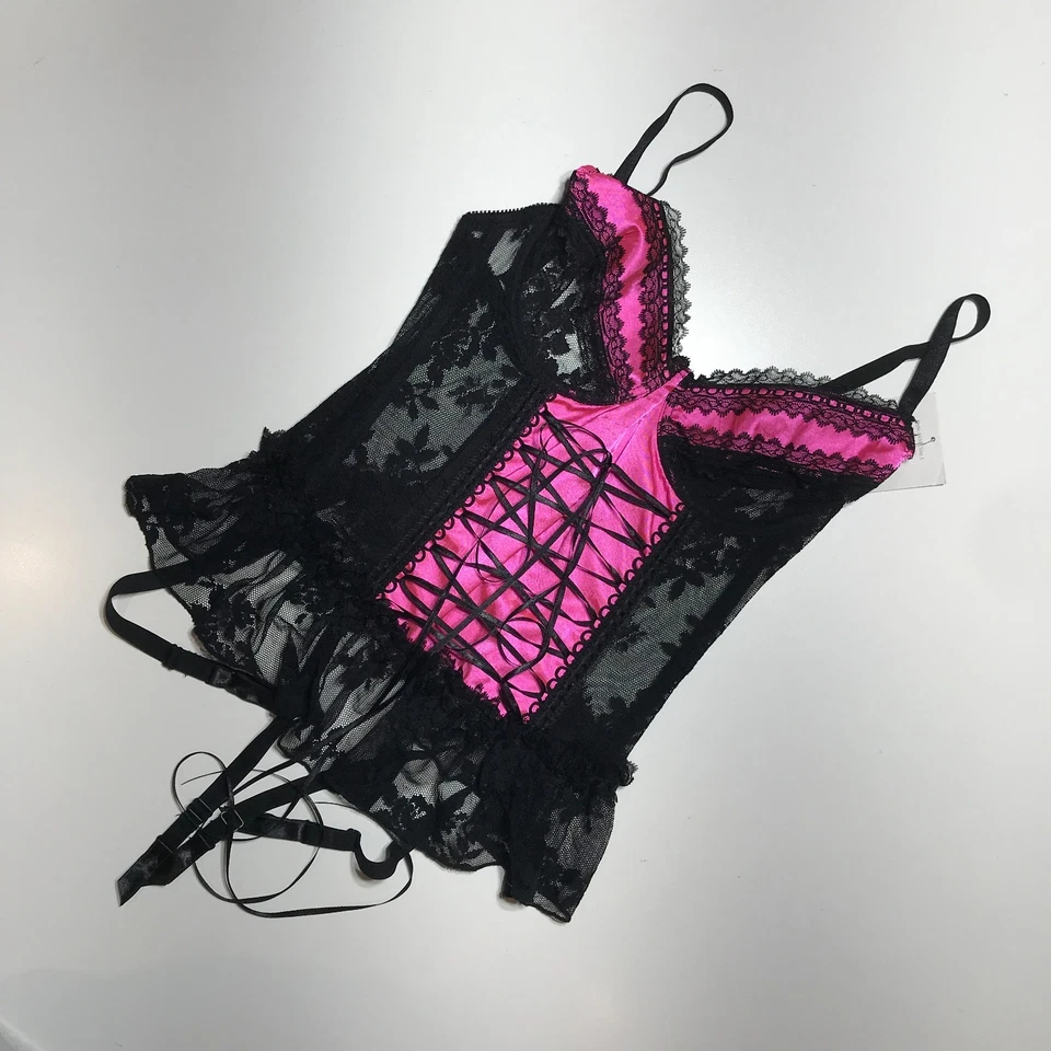 Leg Avenue Womens Satin Underwire Black & Pink Camigarter Lace Top Only Large - Image 2 of 4