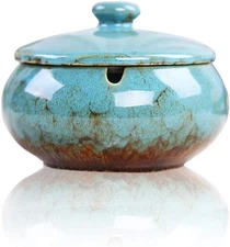 Ceramic Ashtray with Lids, Windproof, for indoor or outdoor- Blue