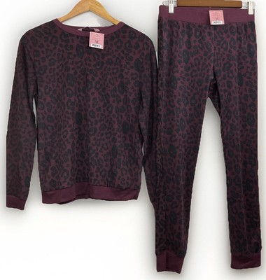 Hunkemoller Velour Joggers/Sweatshirt Women s MED Animal Print Wine NWT