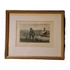 Antique Small Coloured Etching Engraving Print Net Fishing Circa 1870
