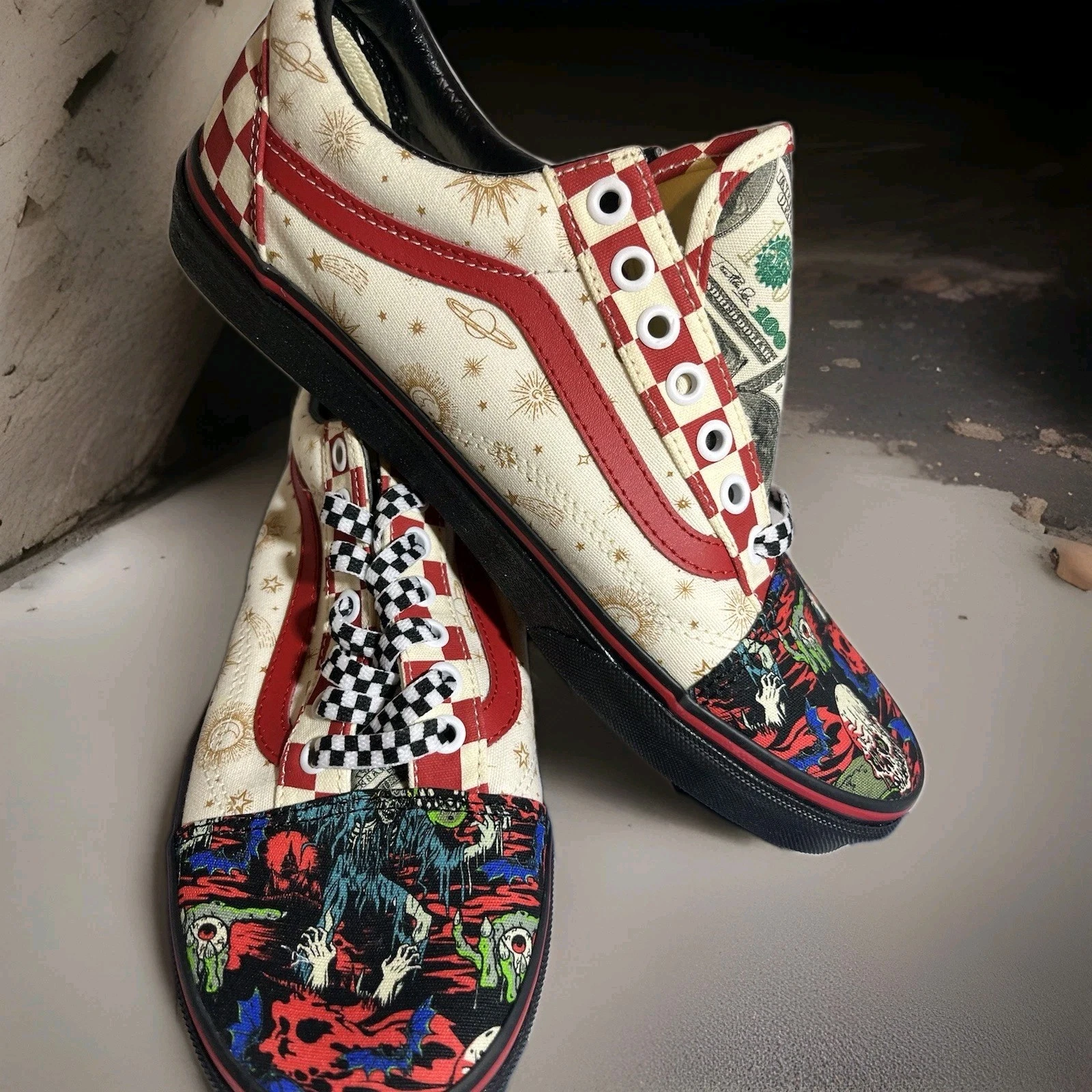 Lo Old Skool Vans Custom Zombie $100 Bill Checkered Red Logo Men Sz 8 Women 9.5W