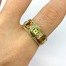 9 ct Gold Citrine Peridot & Diamond Princess Ring 9k 375 Yellow Gold - Size T