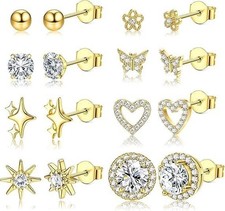 14K Gold Plated Stud Earrings Set for Women 8 Pairs CZ Hearts Stars Butterfly