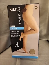 Silk Impressions Sheer For All Day Control Top. 4 Pair. 20 Denier. Beige. XL