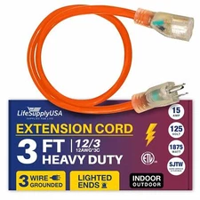 3ft Power Outdoor Extension Cord & Indoor - Waterproof Electric Drop Cord Cable