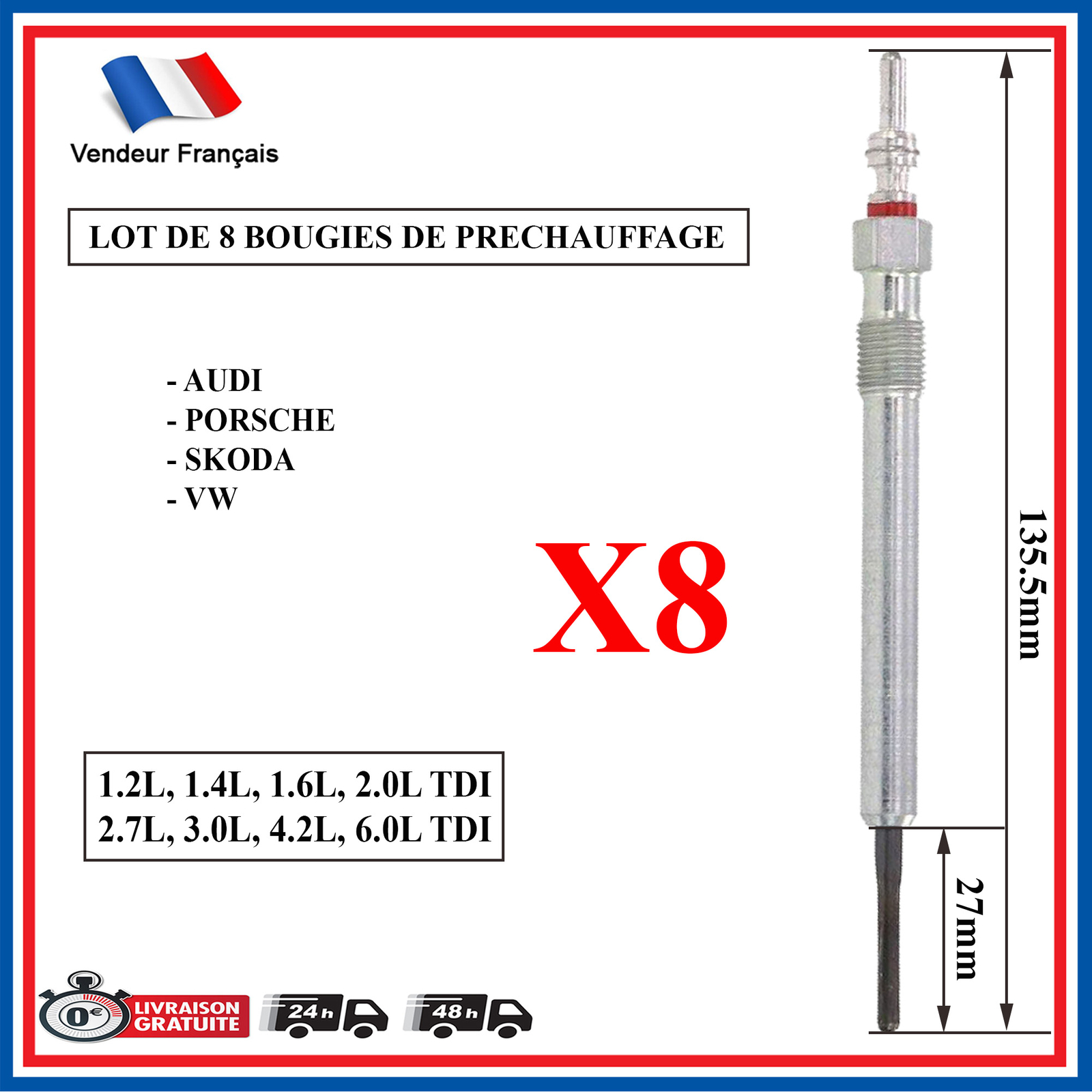 Kit 8 Bougies de Préchauffage CH705 Haute Performance pour V8 TDI