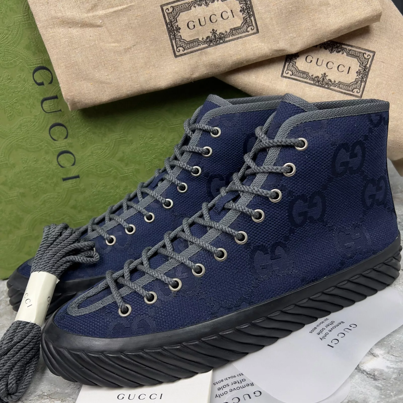 Baskets hautes neuves Gucci Tortuga Maxi GG monogramme tissu bleu 9,5 G 10 US 43,