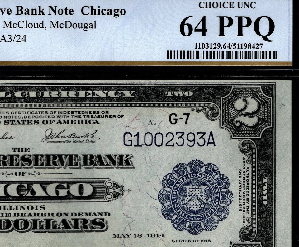 Billete de 2 dólares de la Reserva Federal de Chicago 1918 acorazado graduación profesional 64 ppq Fr. 765 (BAJG)