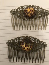 2 Retro Leopard Cabochon Victorian Filigree Vintage Bronze large Hair Combs