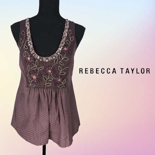 Rebecca Taylor Deep Purple Sleeveless Embellished Silk/Cotton Blouse Sz 4