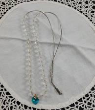 Estate Find 24" Crystal like Beads Necklace With Blue Green Heart