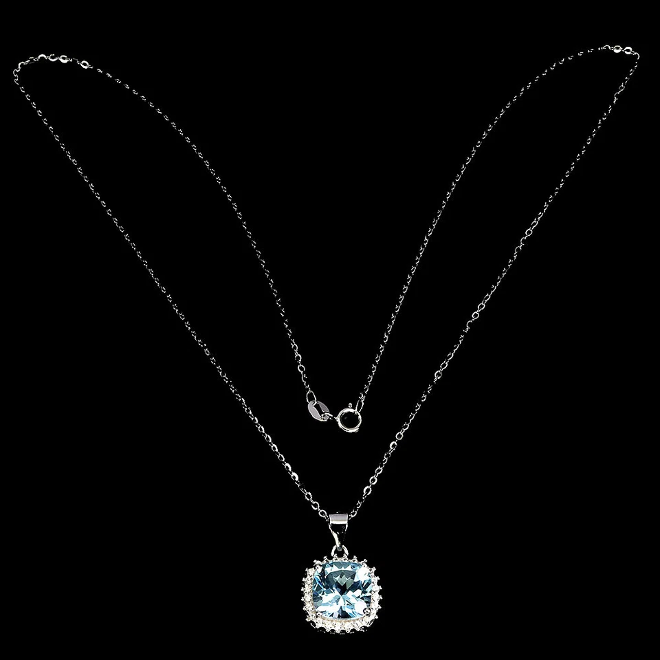 925 Argento Sterling Collana Cuscino Topazio Blu 10mm Zircone Naturale Gioielli - Immagine 3 di 4