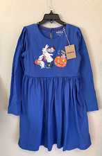 NWT Mini Boden Girls 7-8 Blue Fall Halloween Bunny Pumpkin Appliqu  Dress