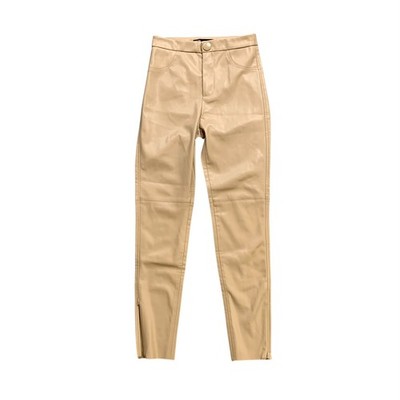 Zara Pants Womens Extra Small Khaki Fleece Lined Faux Leather Ankle Zip Fly