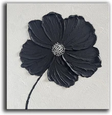 - Thick Texture Flowers Abstract Oil Painting 100% Hand-Painted Black and White 