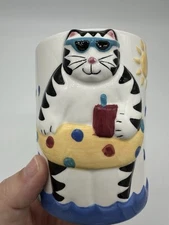 Whimsical Bacova 1994 COCO DOWLEY CAT Bathroom Cup Ceramic Beach Swimming