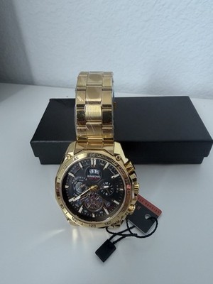 Binbond Denton Men's Quartz Watch Black Dial Gold Bracelet Day/Date Tachymeter